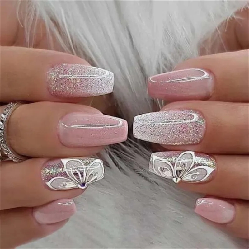 24 Teile/satz Schneeflocke Französisch Falsche Nagel Tipps Matte Volle Abdeckung Lange Ballerina Sarg Gefälschte Nail art Abnehmbare Drücken auf Nägel Kits