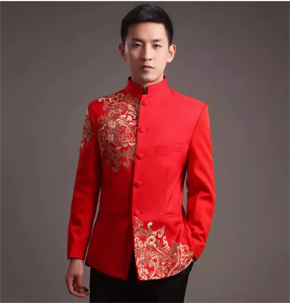 Traditional Chinese Jacket Groom Tang Vintage Clothing Wedding Men Red Coat Embroidery Zhongshan Blazer