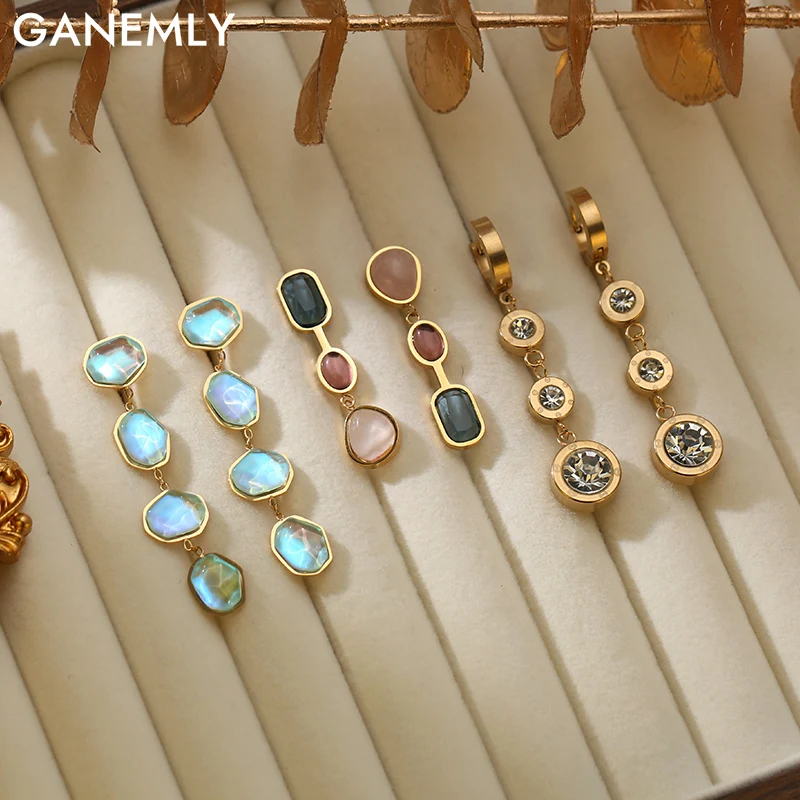 GANEMLY 316L Edelstahl Glänzenden Stein Zirkonia Tropfen Ohrringe Für Frauen Mode Neue Party Geschenk Ohr Baumeln Wasserdicht Schmuck