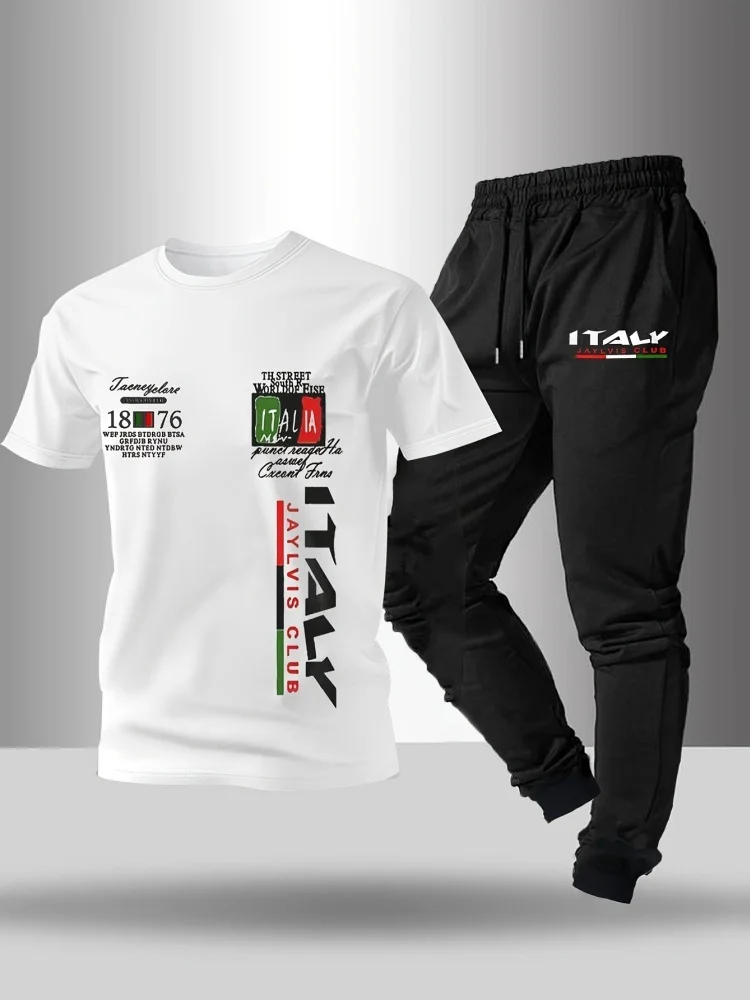 2025 Men's Summer Fashion Casual Sports Set Italian 3D Letter Print Round Neck Short Sleeve Top & Casual Trousers Two-Piece Set