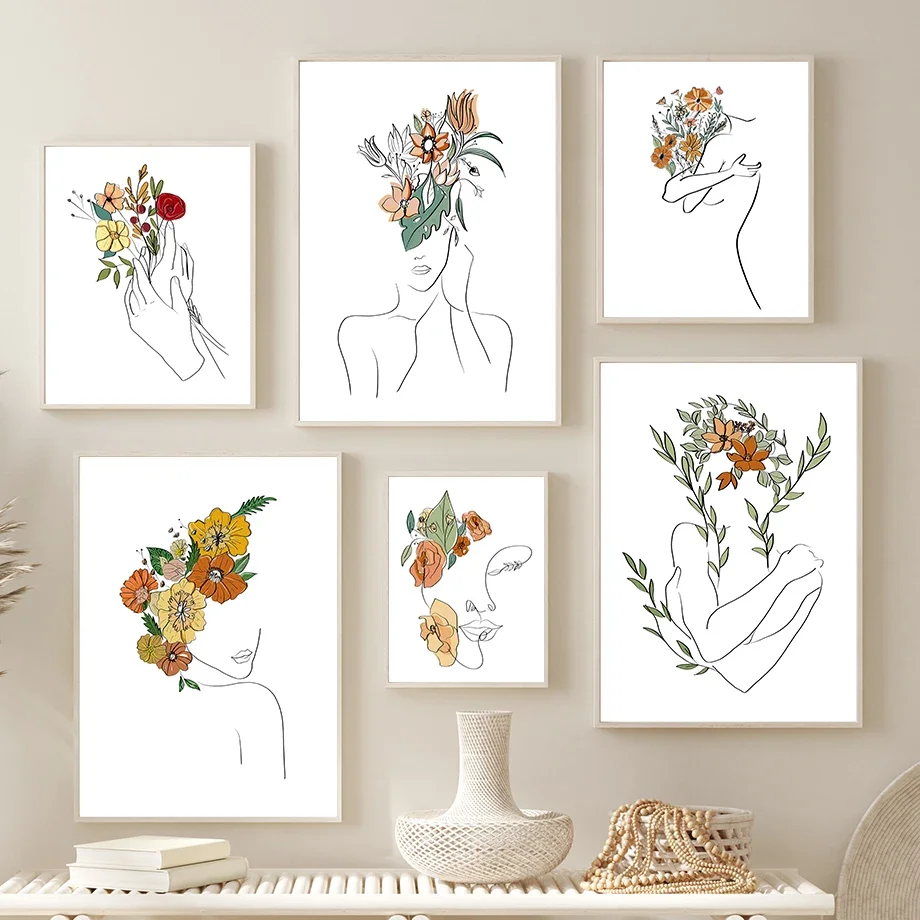 

Wall Art Canvas Painting Abstract Line Drew Flower Girl Minimalist Plant Posters And Prints Home Decor Pictures For Living Room