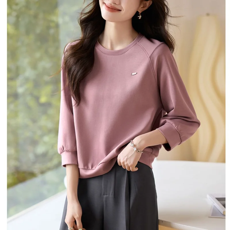 

Весна и осень 2025 г. Модный универсальный новый свитшот с круглым вырезом и рукавами реглан, короткий рукав три четверти, повседневный топ