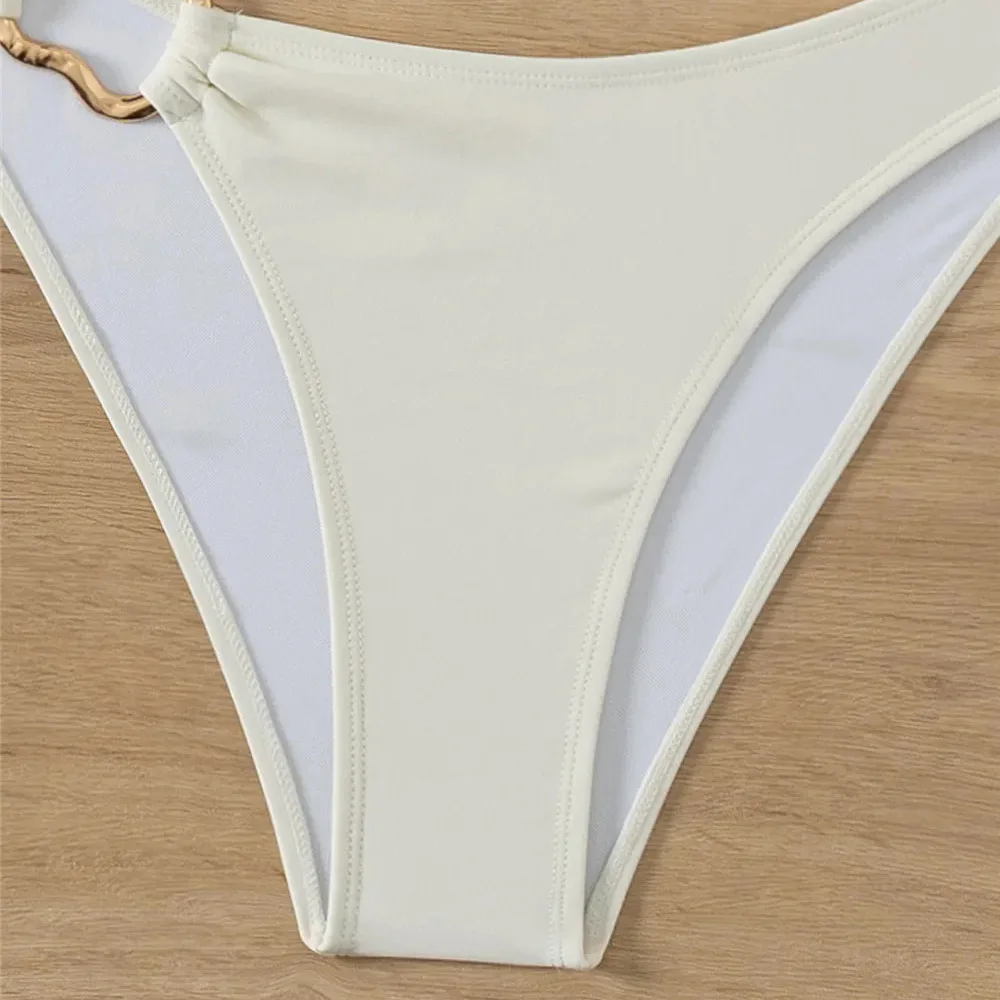 Halter Bandeau Solid White Bikinis Sets Woman Metal Ring Swimwear Hollow Out Sexy Swimsuit 2026 Bathing Suit Bikinis De Mujer