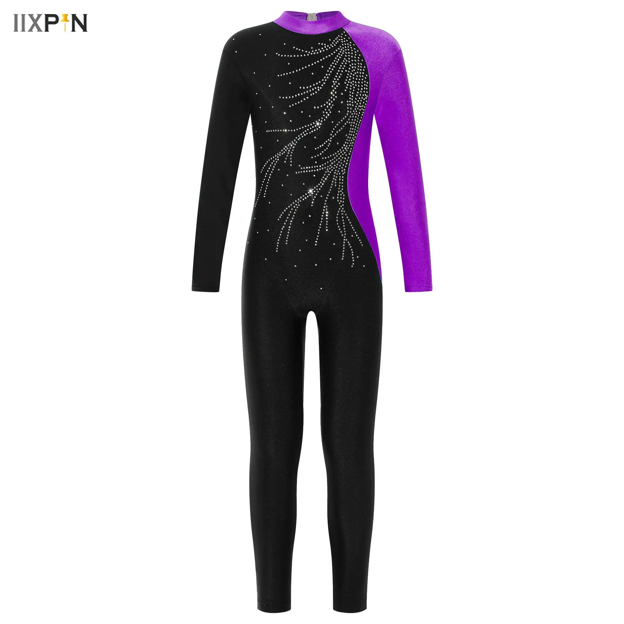 

Kids Girls Long Sleeve Ballet Gymnastics Jumpsuit Rhinestones Hollow Back Bodysuit Dance Skating Competition Performance Costume