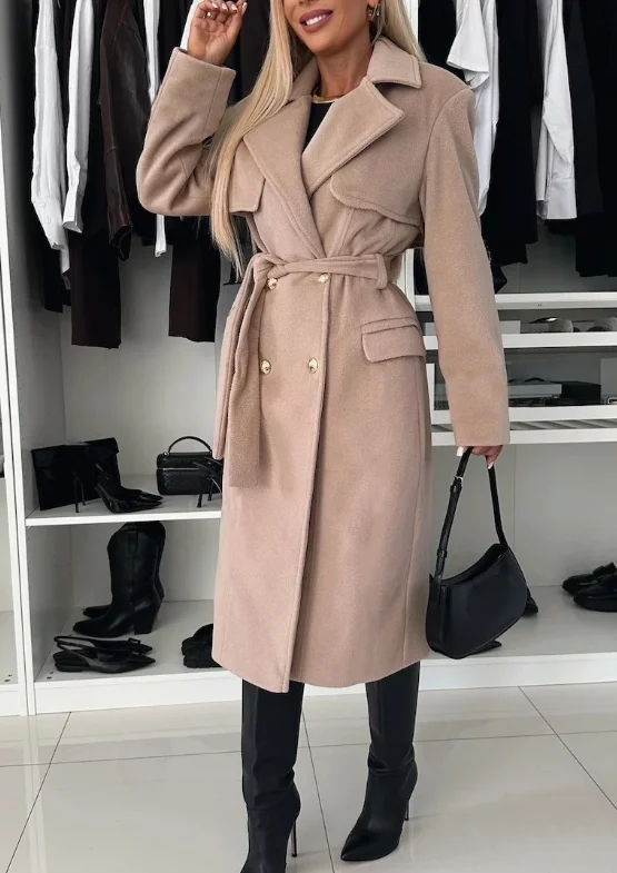 

Women's Coat 2024 Autumn Winter Fashion Lace-Up Solid Color Elegant Notched Collar Long Sleeve Temperament Commuting Long Coat