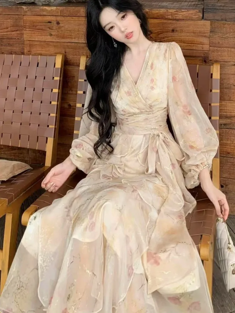 Women Elegant Autumn Lantern Sleeve Dress V-neck Ruffle A-Line Vintage Casual Birthday Vestidos Female Clothes New