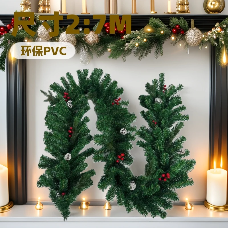 2.7M Christmas Pine Garland PE PVC Artificial Greenery With Red Berries Pine Cones
