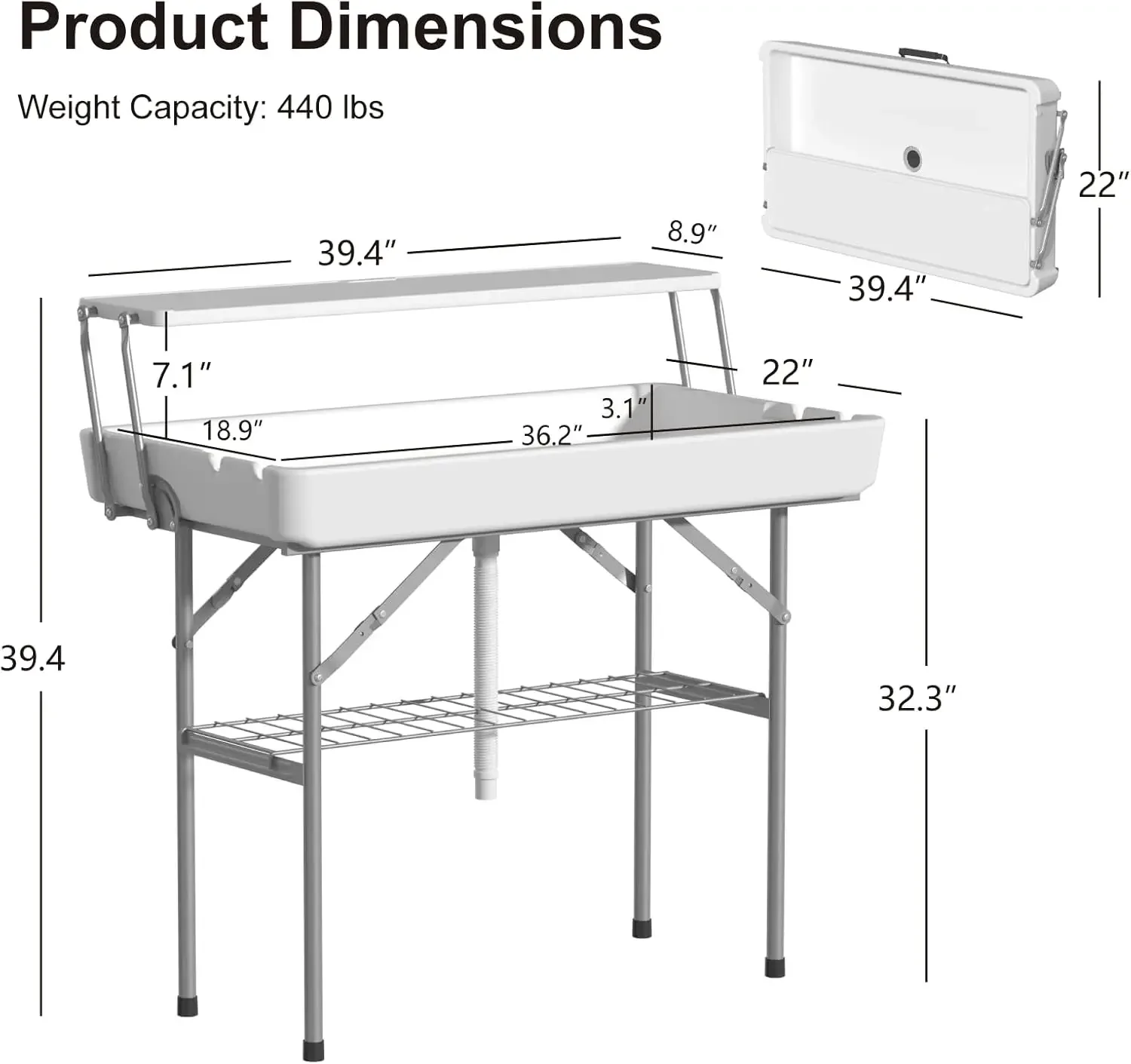 Ice Cooler Table with Drain, Two-Tier Plastic Folding Tables, with Removable Matching Skirt and Shelf, Indoor Outdoor Use for Pa