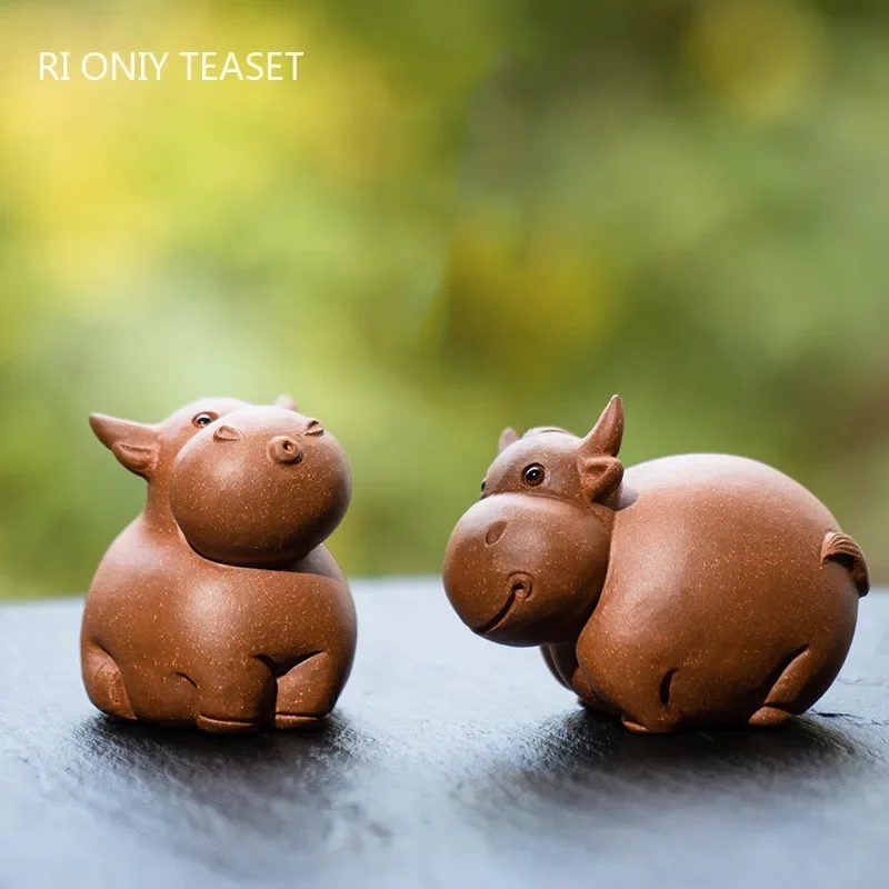 Chinese Yixing Purple Clay Tea Pet Decor Cute Cow Ornaments Handmade Tea Figurine Sculpture Crafts Home Tea Set Decoration