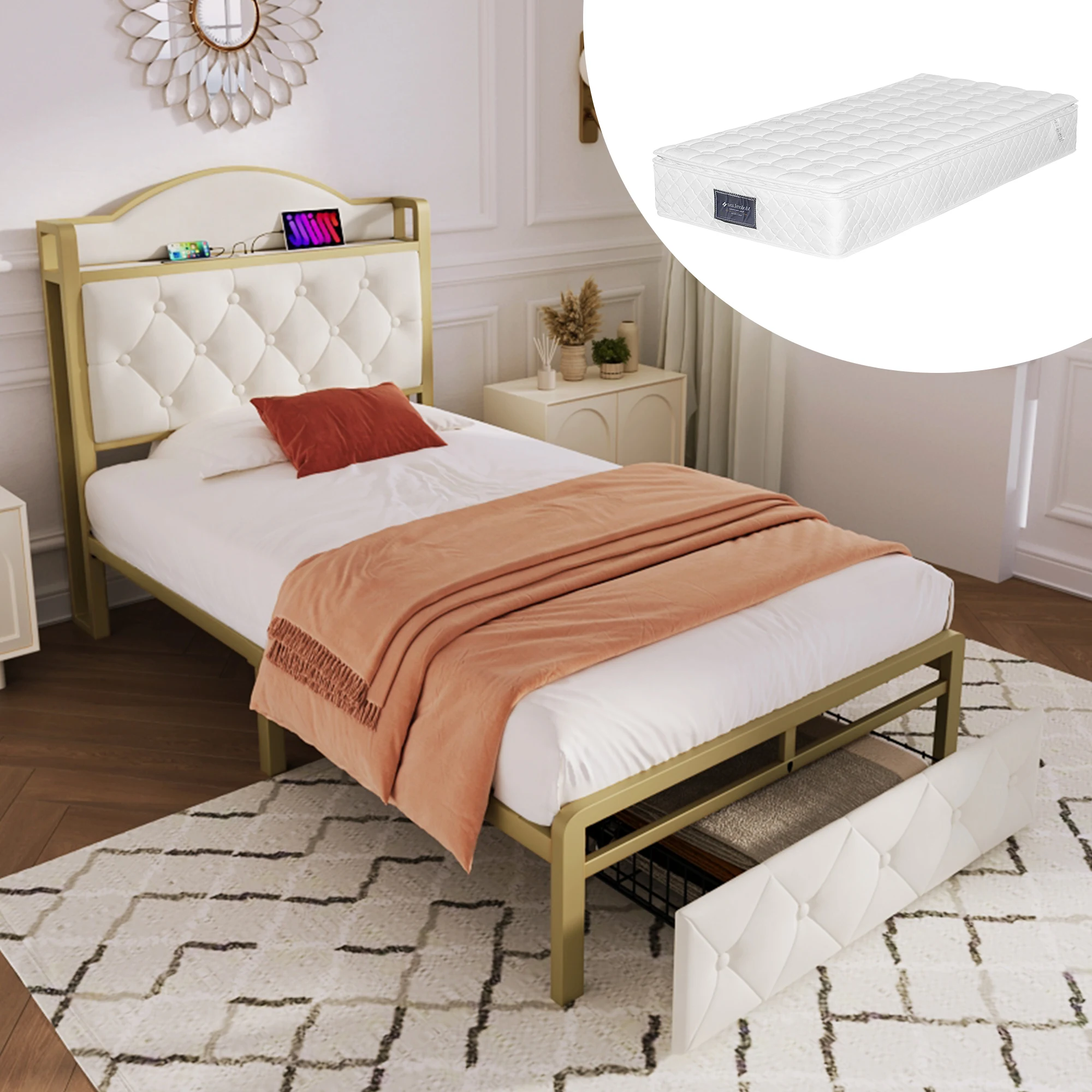 Upholstered bed with USB Type C charging function and drawers, single bed 90x200 cm storage bed, light beige (with mattress)