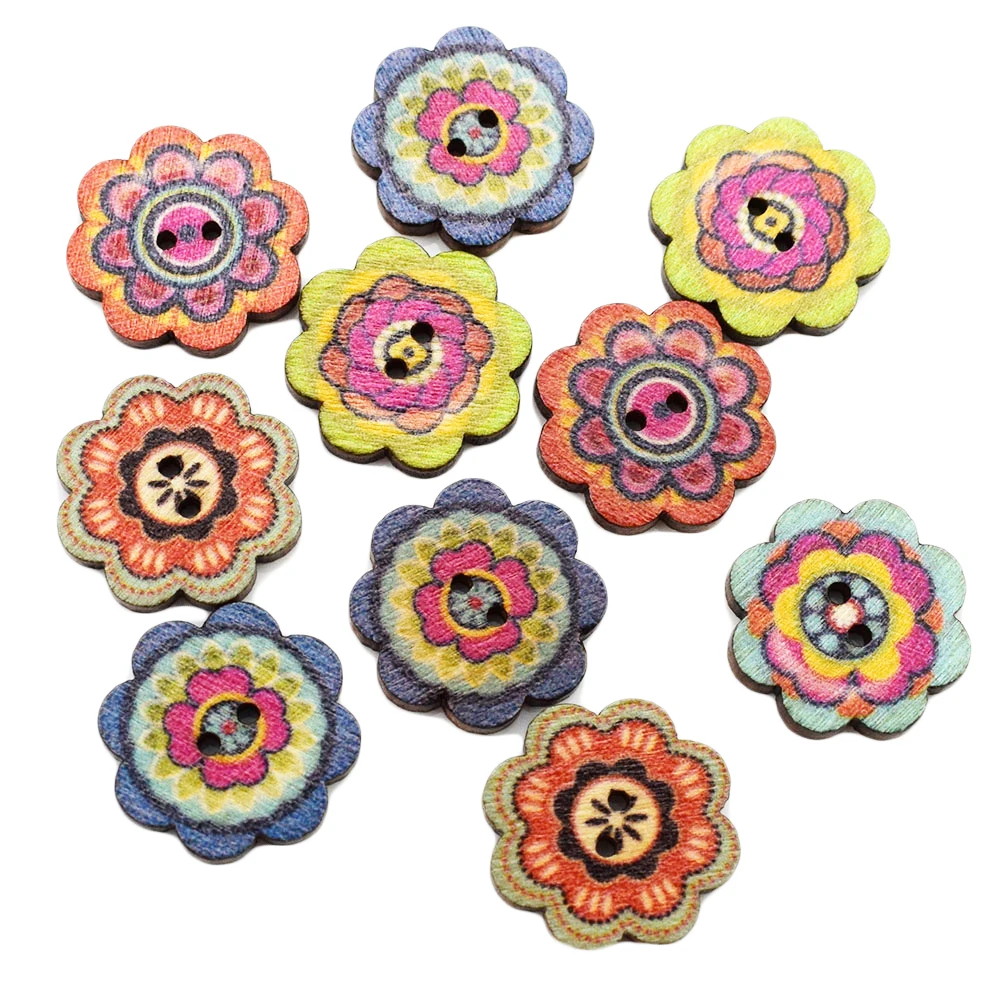 50PCS 20MM Flower Shape Wood Buttons For Clothing Sewing Accessories Wooden Crafts DIY Scrapbooking Home Decoration Supplies