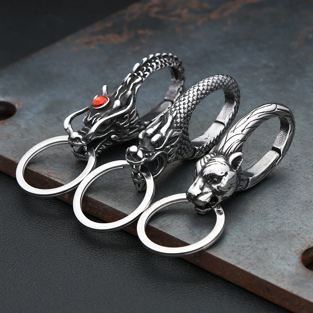 Fashion Vintage Vikings Dragon Head Key Chain 316L Stainless Steel Nordic Viking Animal Keychains For Men Women Amulet Jewelry