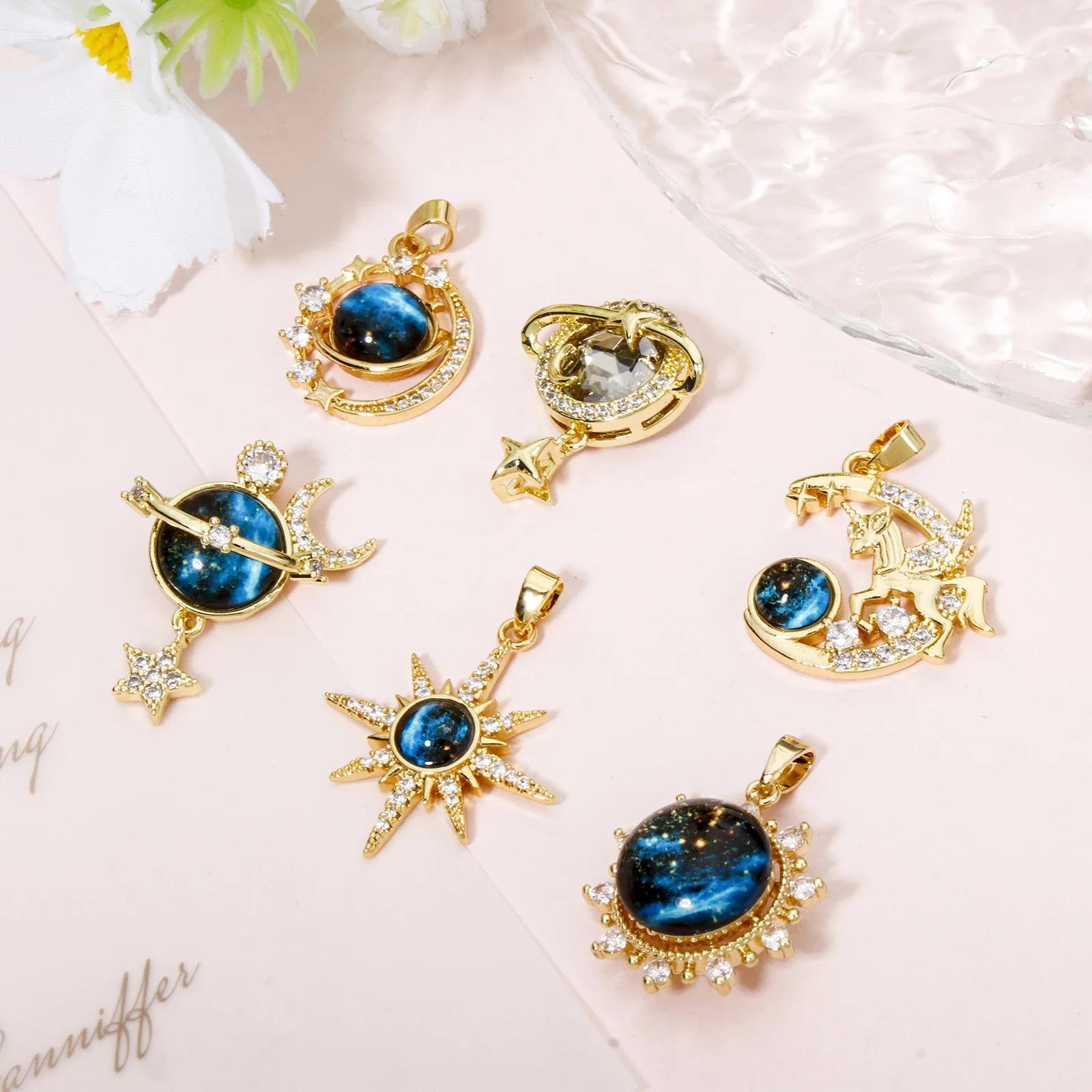 1pc Brass Charms Gold Color Galaxy Sun Moon Multicolor Glass Cabochons Pendant DIY Necklace For Women Party Jewelry Findings