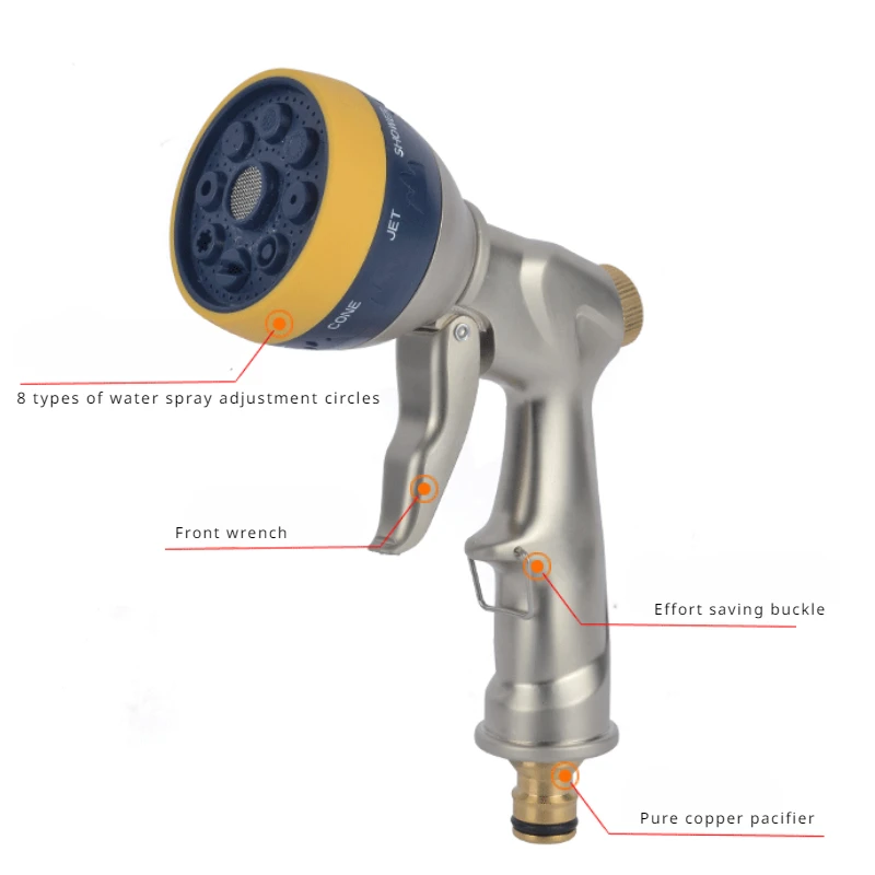Wielofunkcyjna dysza podlewanie ogrodu do mycia samochodu z 8-funkcyjnym wysokociśnieniowym metalowym pistoletem na wodę