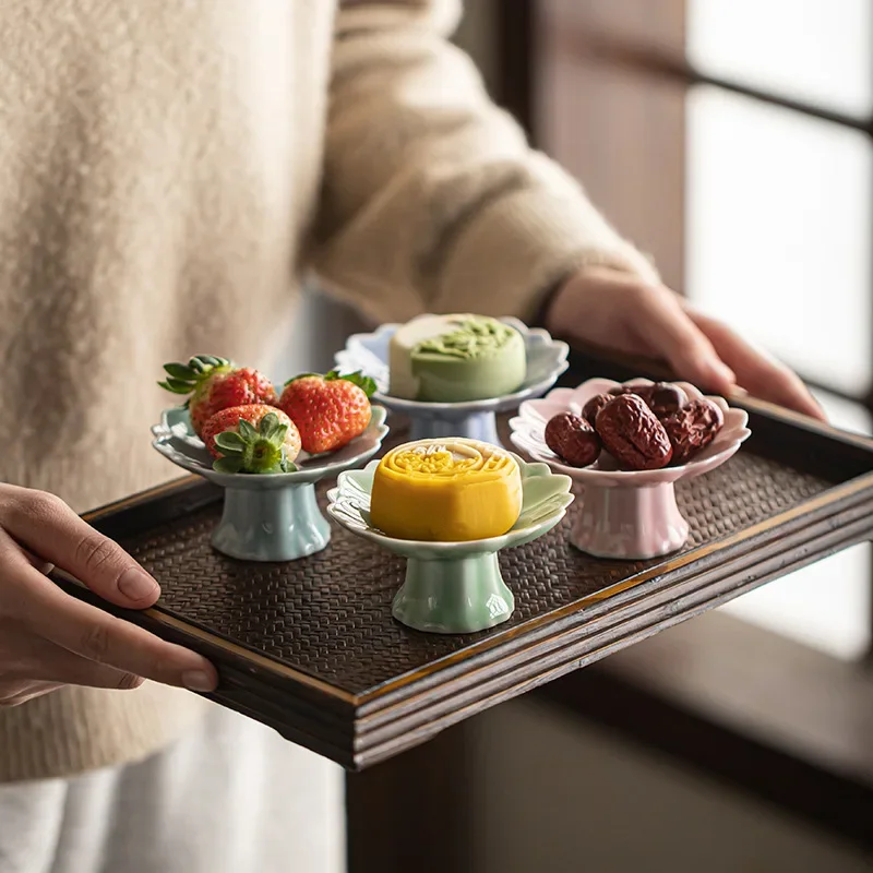 New Ceramic Tea Tray Engagement Cakes Set Table Dim Sum Plate Chinese High Foot Plate Exquisite Small Plate Zen High Foot Fruit