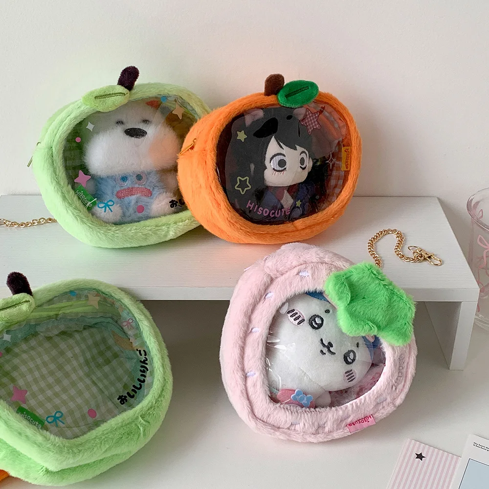 Lindo dibujo de fresa naranja 3D muñeco de peluche bolsa de exhibición estudiante Pin insignia Ita bolsa de almacenamiento mochila