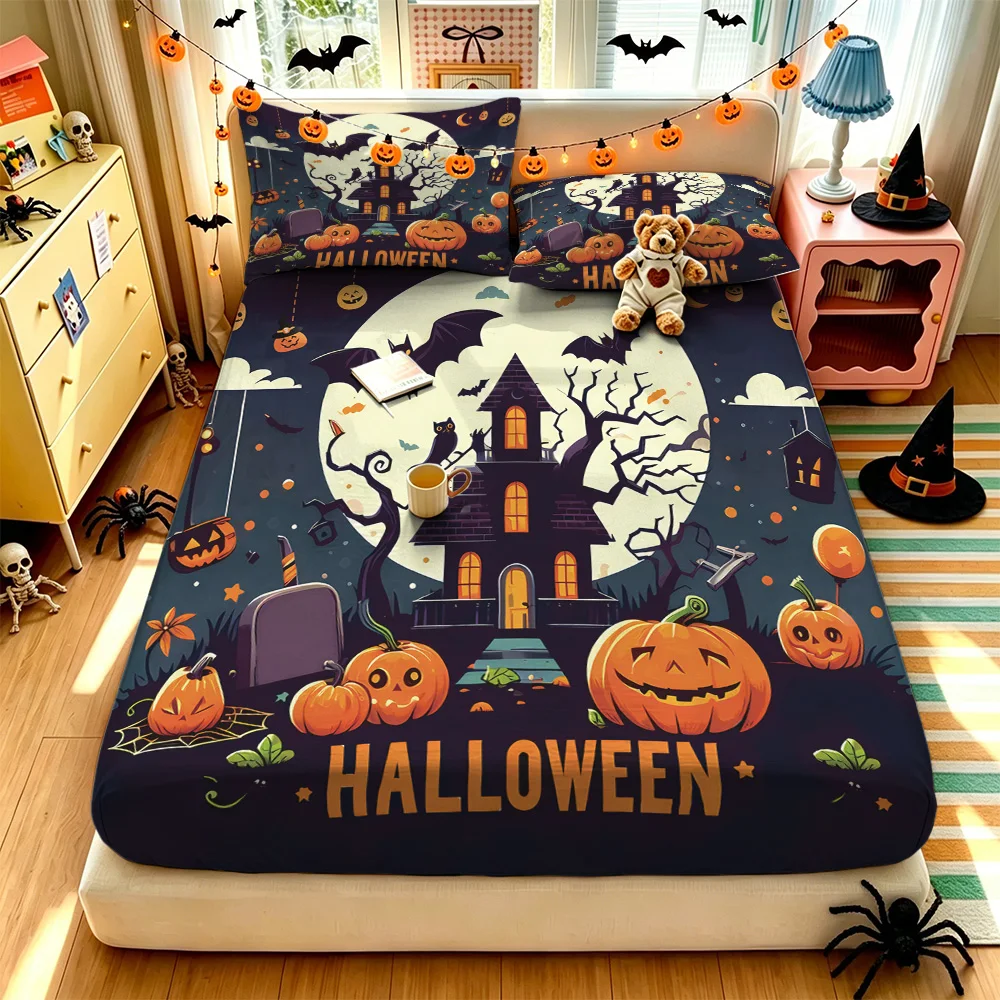 3PCS Halloween Castle Pumpkin Bat Ghost Duvet Cover Set 1 Duvet Cover 2 Pillowcases Soft Washable For Bedroom Festival Home D