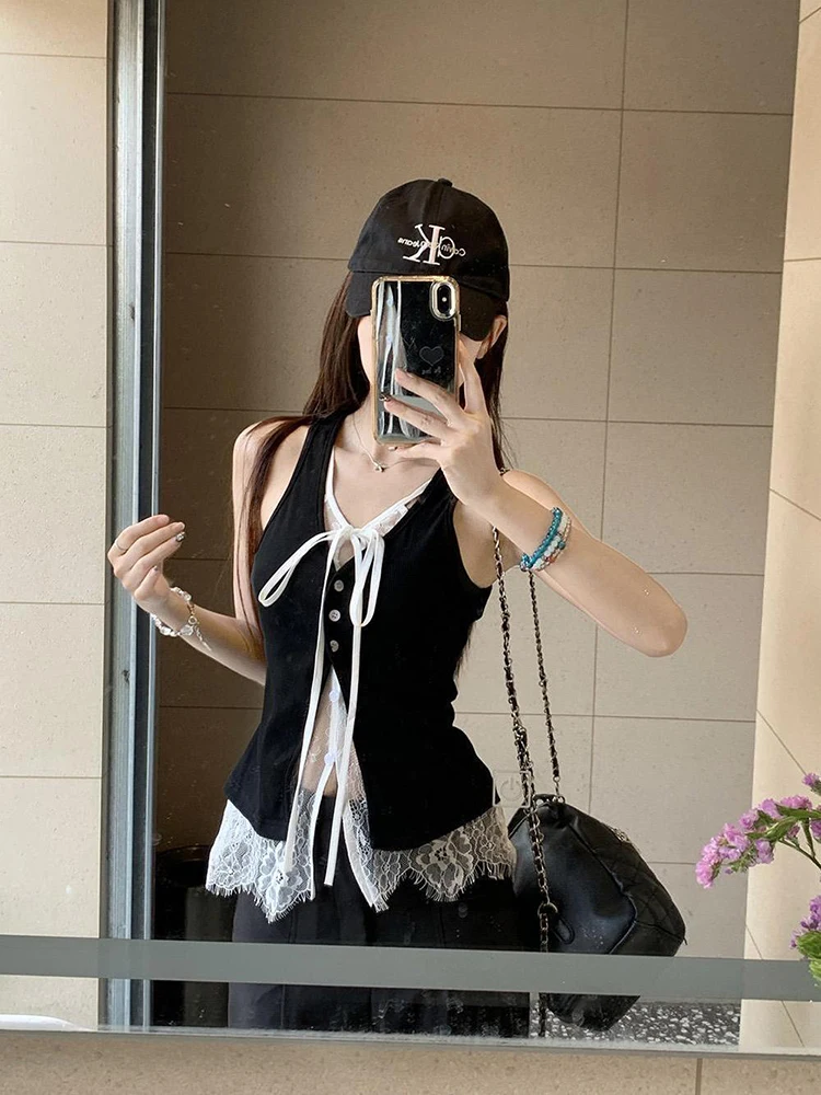 Lace Patchwork Sleeveless Cardigan Korean Chic Slim Lace Up Casual Blouse Spring Y2K Summer Splicing All Match Faux 2 Piece Top
