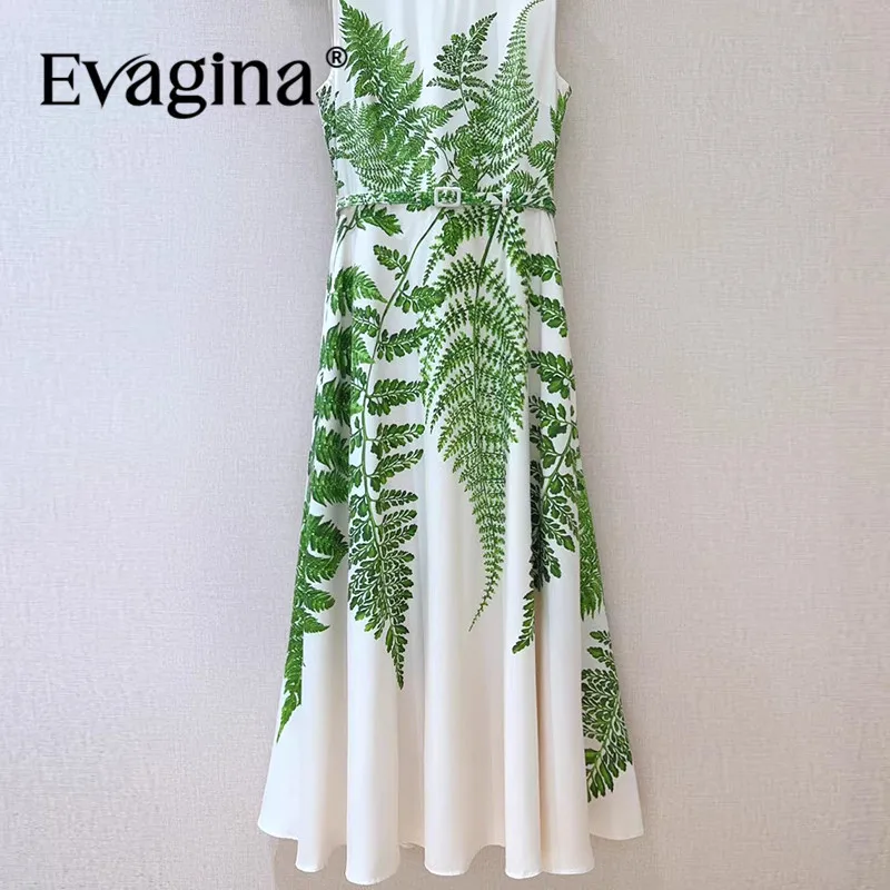 Evagina Zielony nadruk Romantyczna codzienna podstawowa sukienka w stylu wakacyjnym dla kobiet Długie bawełniane sukienki bez rękawów z paskiem