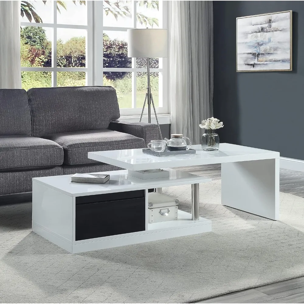 Contemporary Swivel Top Coffee Table with Storage Drawer and Open Compartment, Living Room Sofa Couch Side Cocktail Tea Table