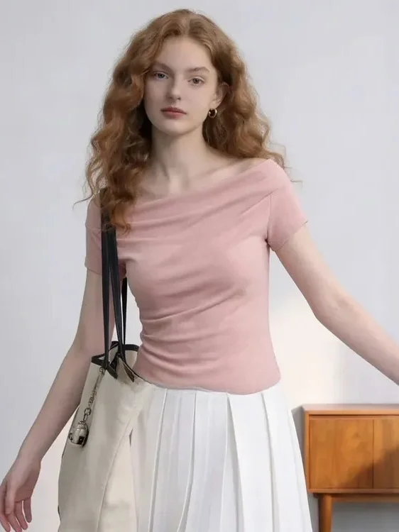 

Нежно-розовая футболка с вырезом-лодочкой, короткий рукав, летняя новинка, приталенный крой, женский топ, мягкий, дышащий, во французском стиле, стандартный крой