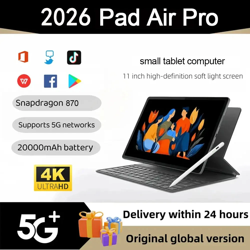 2026 Оригинальный 11-дюймовый планшетный ПК Air Pro 20000 мАч Snapdragon 870 Android 14 16 ГБ ОЗУ 1 ТБ ПЗУ 5G Dual SIM GPS 5K 4G WIFI Tablet