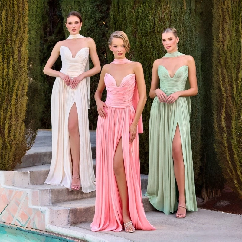 

Elegant Women's Soft Silk Satin Long Dress High Neck Ruched Bodycon High Slit Maxi Dresses Sleeveless Summer Lady Party Gowns