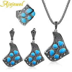 Ajojewel Unique Geometric Jewelry Ladies Set With Green Stone  Antique Silver Color Earrings and Necklace Ring Size 8 9