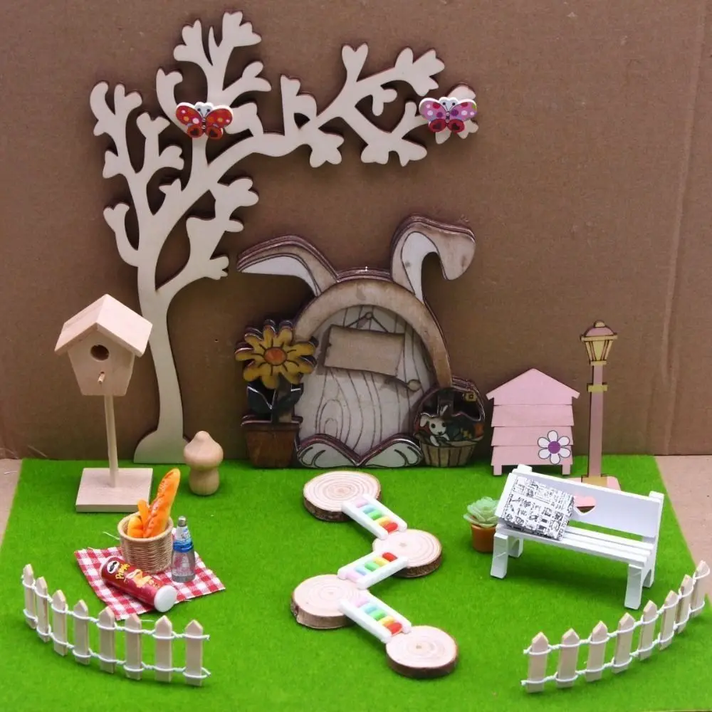 1/12 Dollhouse Mini Courtyard Set Garden Tea Tables Chairs Dollhouse Easter Decor Accessories Courtyard Door