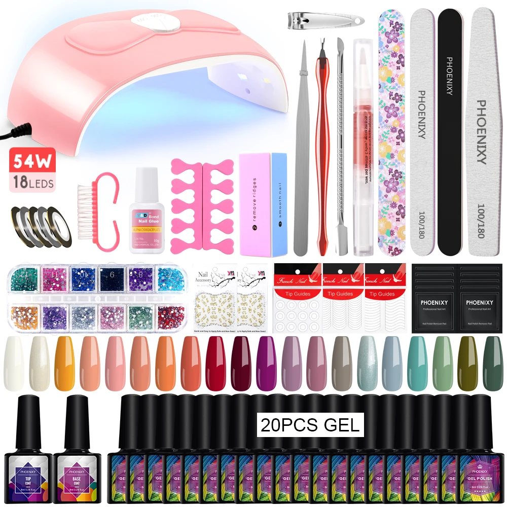 

Manicure Set 20 Colors Gel Nail Polish with 54W Nail Lamp Poly Nail Gel Quick Extension UV Gel Varnish Complete Nail Art Kit