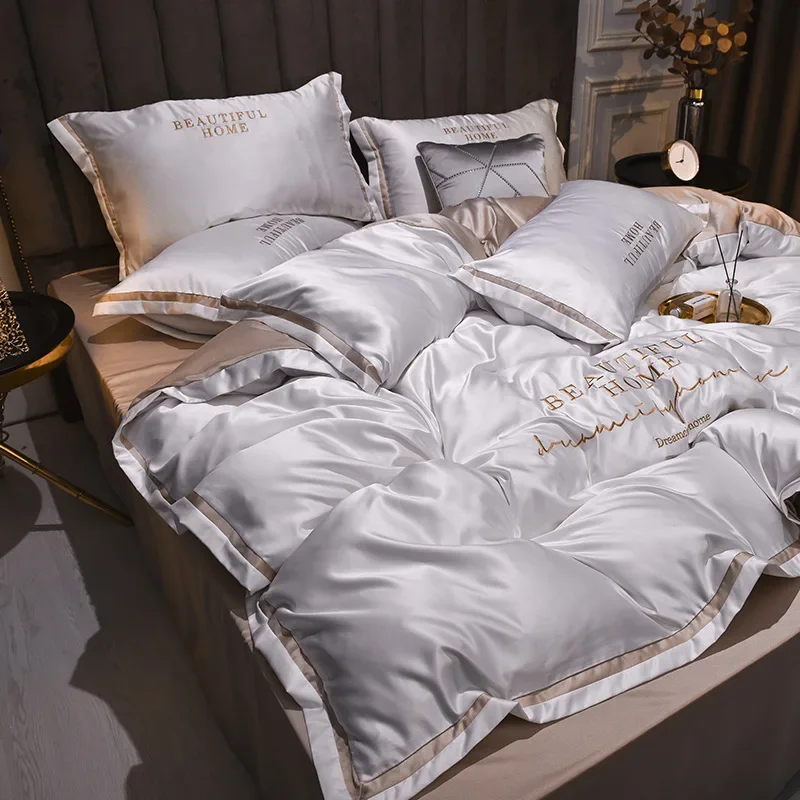 

Light luxury American washed silk four-piece set ice silk naked sleeping sheets quilt cover solid color embroidery bedding