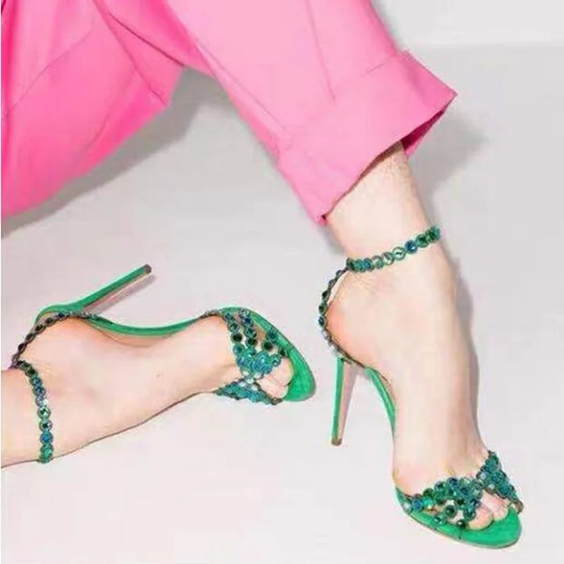 Big Size43 Crystal Embellshed High Heel Sandals Green Purple Suede Ankle Strap Dress Shoes Cutouts Celebrating Dress Shoes