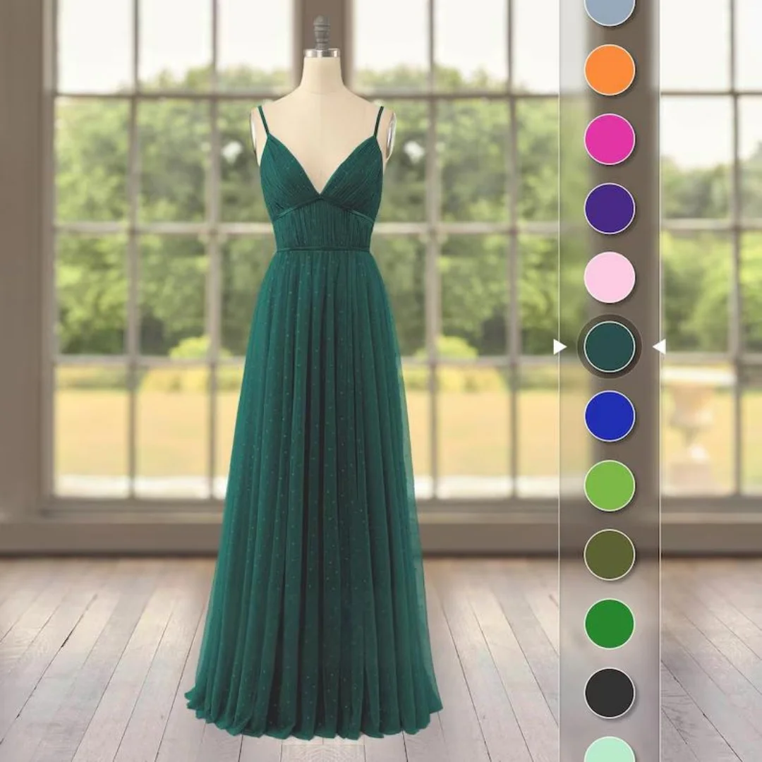 

Elegant Formal Prom Dress • Pleated Tulle Skirt, Double Spaghetti Straps, Deep V-Neck, Floor-Length Gown