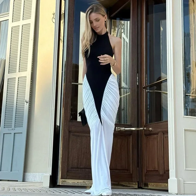 2025 Nuovo Patchwork Senza Maniche Split Maxi Vestito Delle Donne di Modo di Contrasto di Colore Halter Backless Increspato Aderente Club Party Abito Lungo