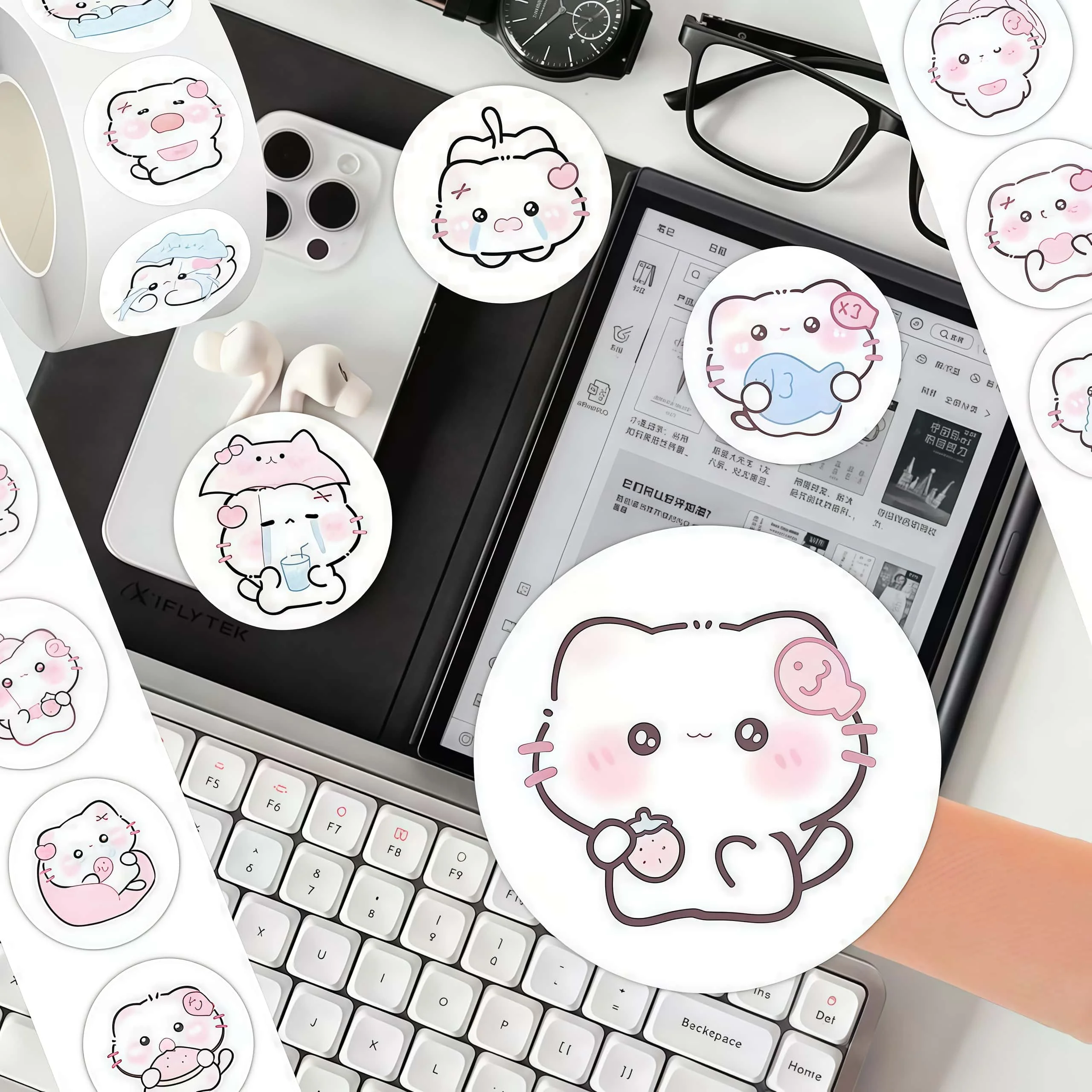 500Pcs Cute Pink Blush Kitten Sticker Roll, Soft Pastel Multi‑Expression Cat Decals for Journaling, DIY Crafts & Package Sealing view 3