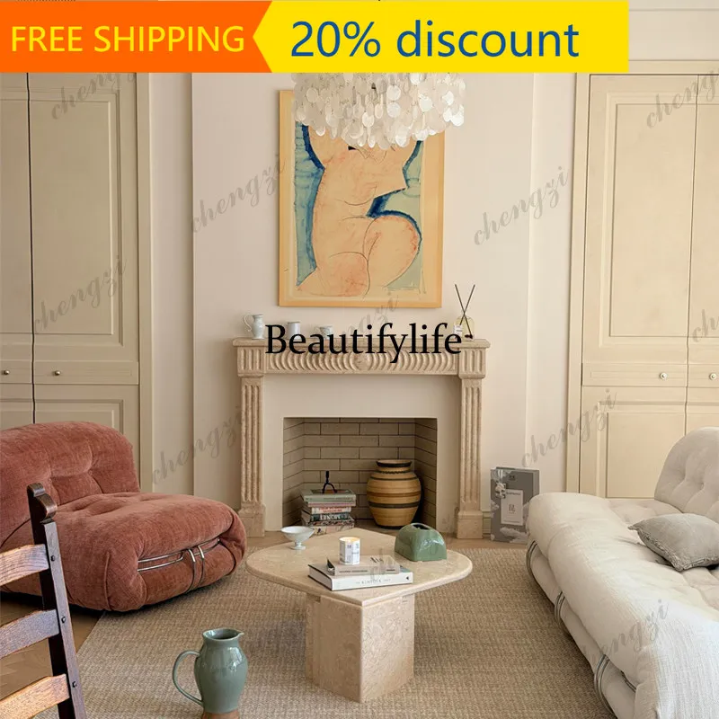 CC85 Marble mantel natural travertine fireplace French simple retro fireplace decorative cabinet