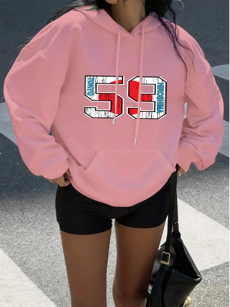 Women's Fashion Hoodie Tokyo Hiroshima 59 Printed Pattern Trendy Casual Sports Hoodie Comfortable and Versatile Warm Top Hoodie