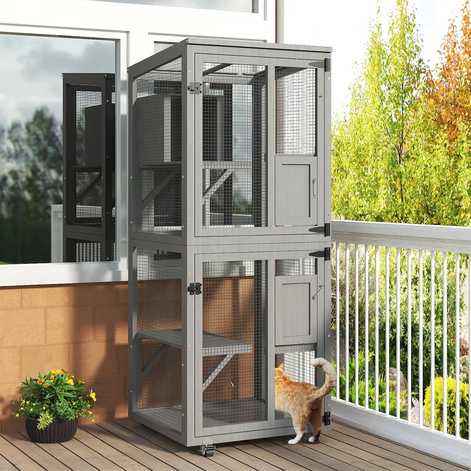 

Cat Catio Outdoor Enclosure, 4 Tiers Cat Playen Catio with Wheels, Resting Box, Sunshine Panel Waterproof Roof, Large Pet House