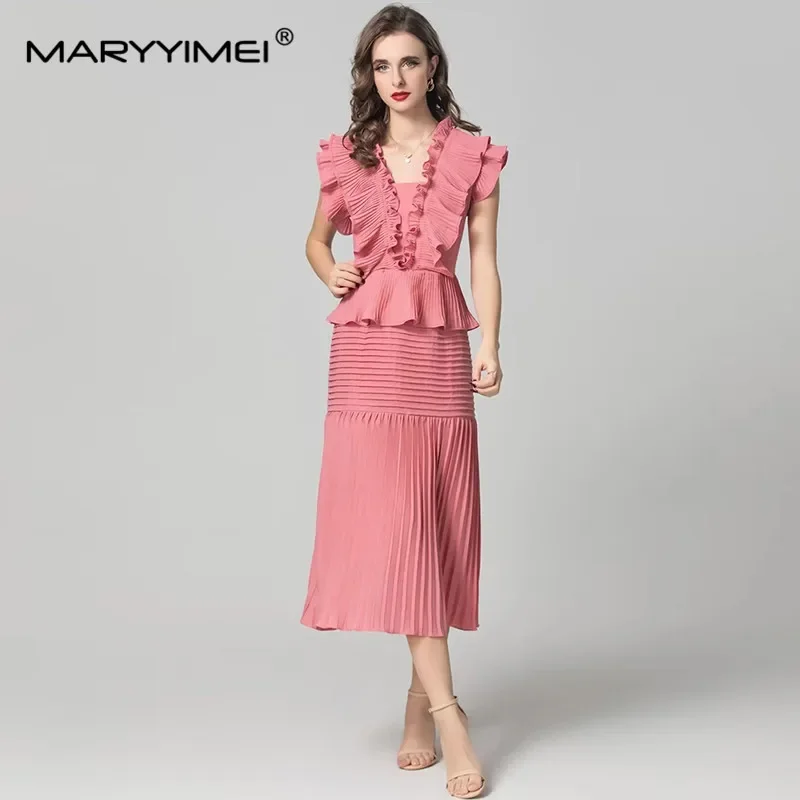 

MARYYIMEI Women's Elegant Party Dress Spring Autumn Short-Sleeved Casual Flounced Edge Pleated Ball Gown Dresses