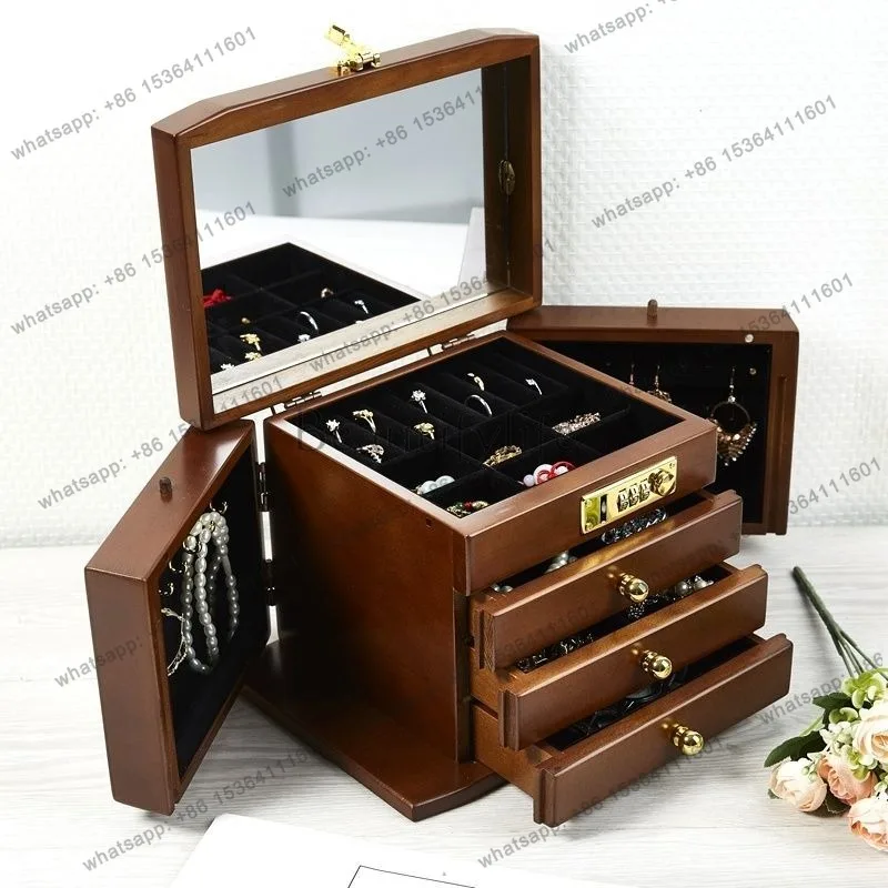 Solid Wood Jewellery Box Exquisite Jewelry Case Large Capacity Multifunctional Jewellery Boxes with Lock Mirror Jewelry Cases