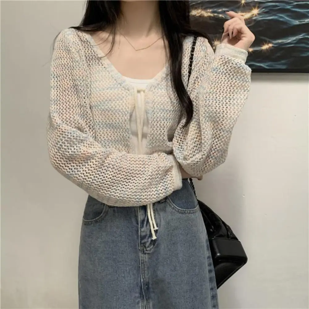 

Fashion Gradient Lace Up Cardigan Long Sleeves See Through Hollow Crochet Cardigan Shawl V-neck Sun Protection Tops Women