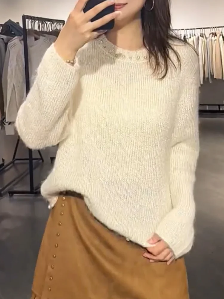 

Корейский вязаный свитер с богатой отделкой для женщин, больших размеров, утепленный, с эффектом похудения, с длинными рукавами и круглым вырезом