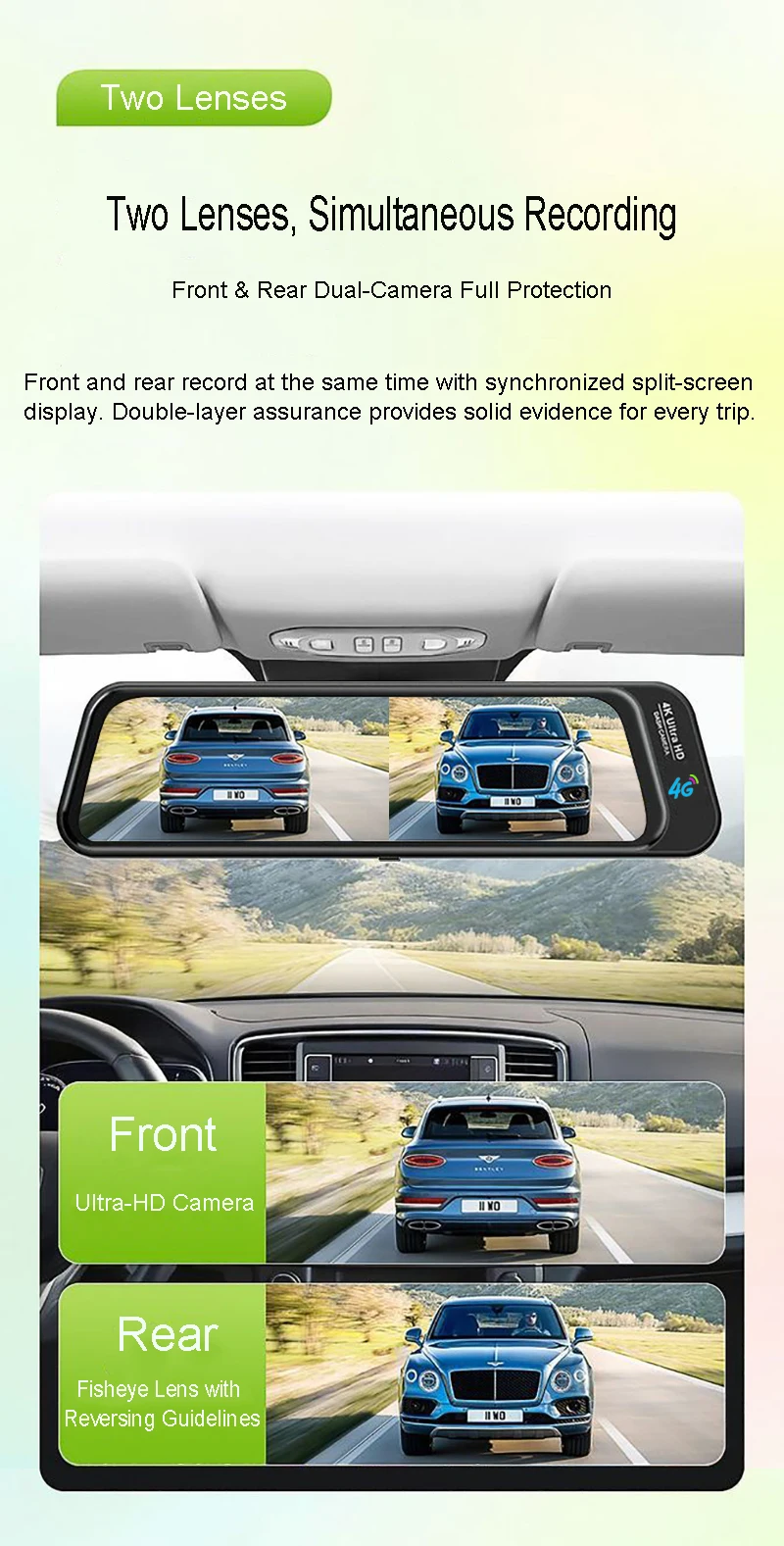 4G 4K Stream Dashcam 2CH ADAS Sentry GPS RemoteSnap Totwinkel-Überwachung 24H Parküberwachung Zeitraffer Nachtsicht App Bewegungssensor G-Sensor Loop-Aufnahme – Detail 4