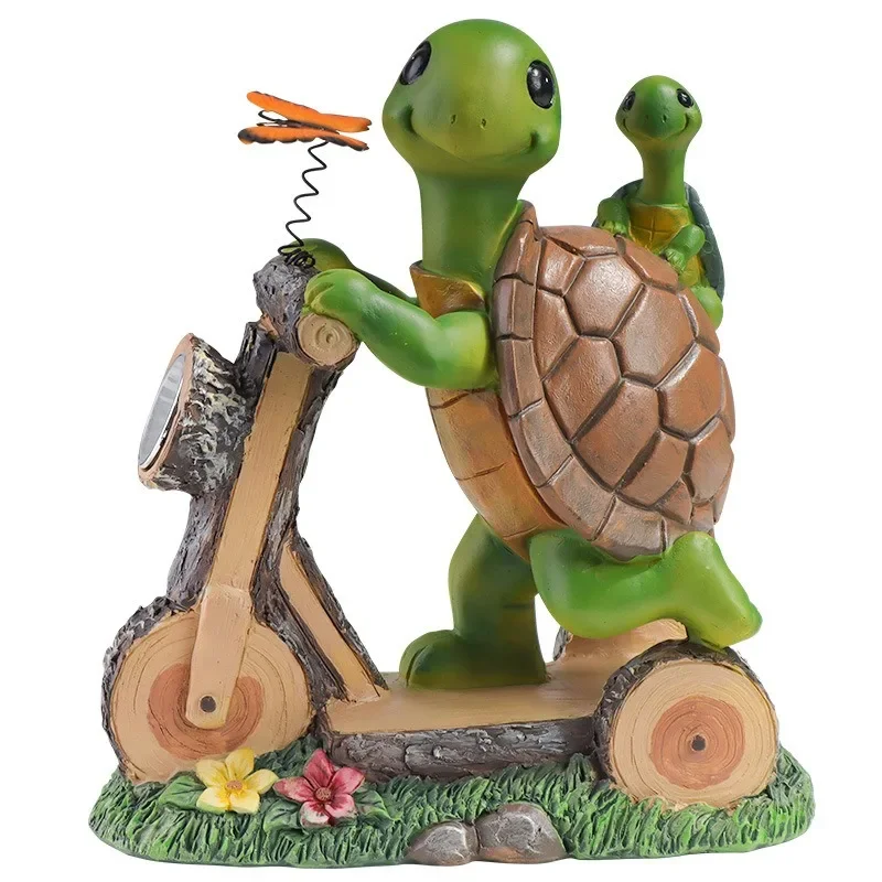 Garden Solar Mother and Son Turtle Riding LED Ornaments Yard Gardening Simulation Animal Sculpture Decoration Home Decor Statues