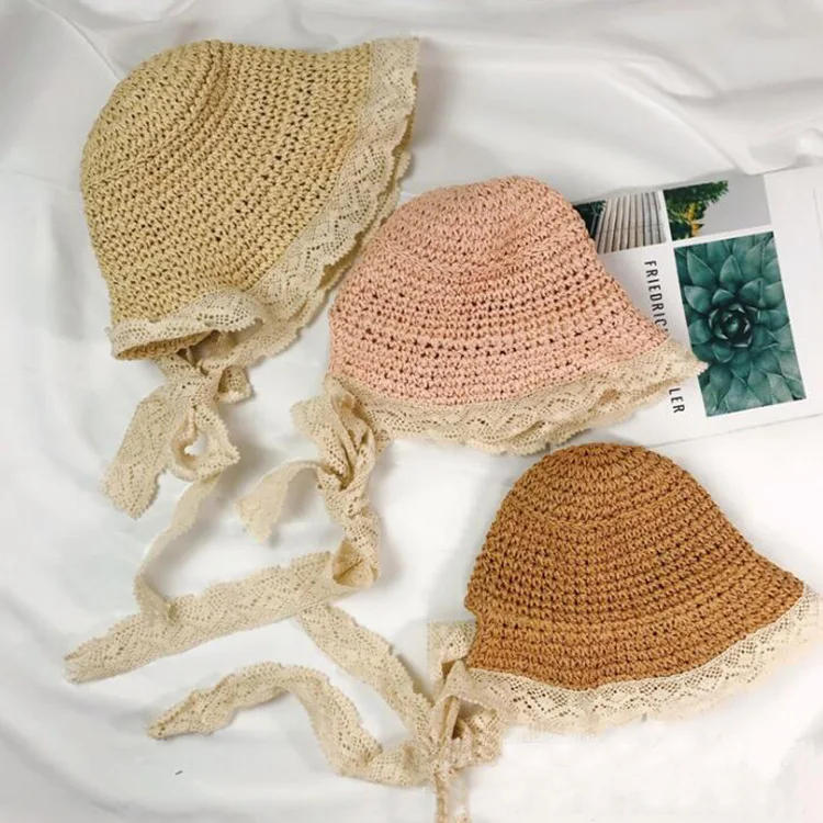 New Children's Lace Strap Foldable Sun Protection Shade Large Eaves Beach Girl's All-fit Straw Fisherman's Hat