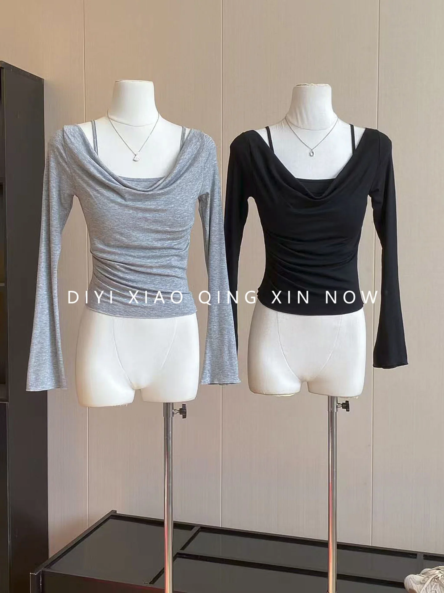 DIYI Long Sleeve Knitted Slim Fit T-Shirt Women's Fashionable Collarless Top Color Block Design Commute Style Autumn Wear