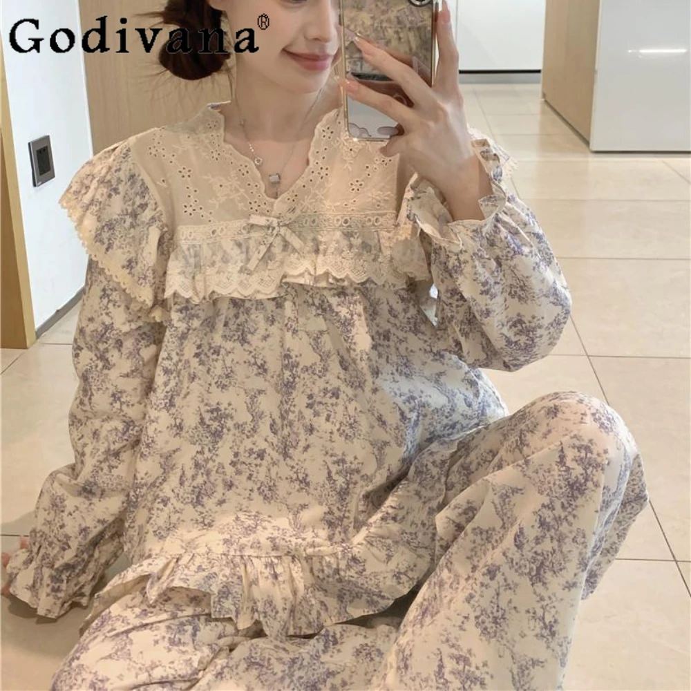 

Women's Pajama Sets Korean Version of Court Cotton Sexy Sleepwear Nightgowns Sleepshirts Princess Style Lace Loungewear Set