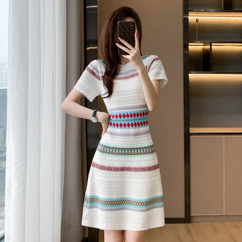 Woman Vintage Short Sleeve Striped O-neck Mini Dresses 2024 Summer Elegant Classic Office Lady A-Line Dress Women\'s Clothes