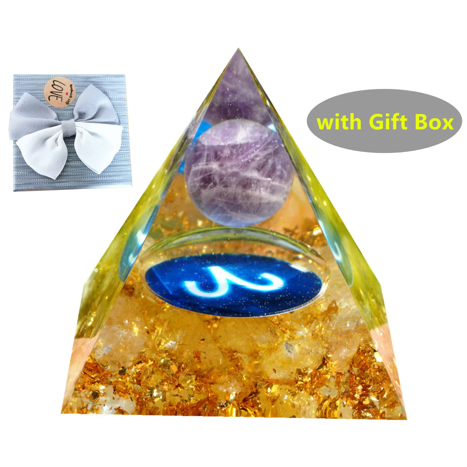 Zodiac Amethyst Sphere Orgone Pyramid with Citrine Crystal Aries Geometry Style Reiki Healing Energy Orgonite Pyramide