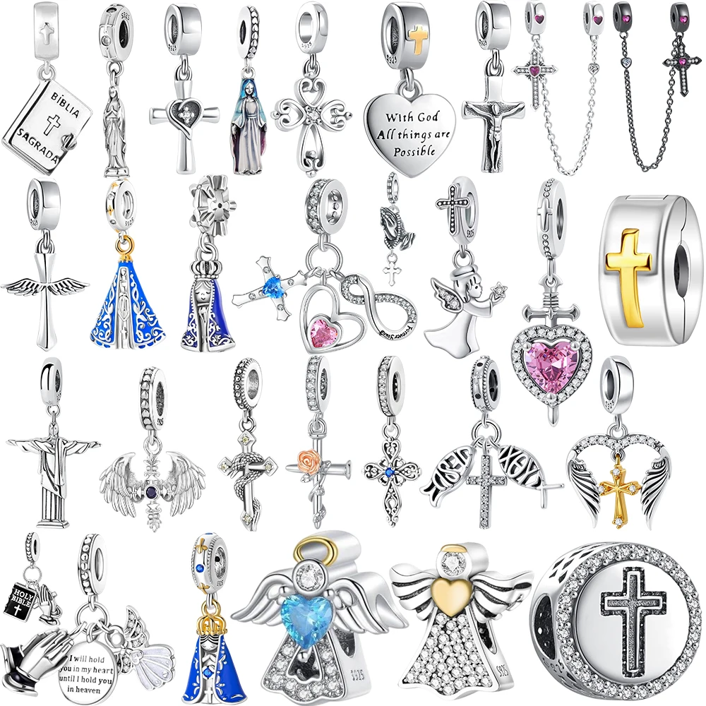 Christian Cross Angel Wings Charm Beads Holy Bible Dangle Pendant with Zircon Fit European Bracelet DIY Religious Jewelry Gift